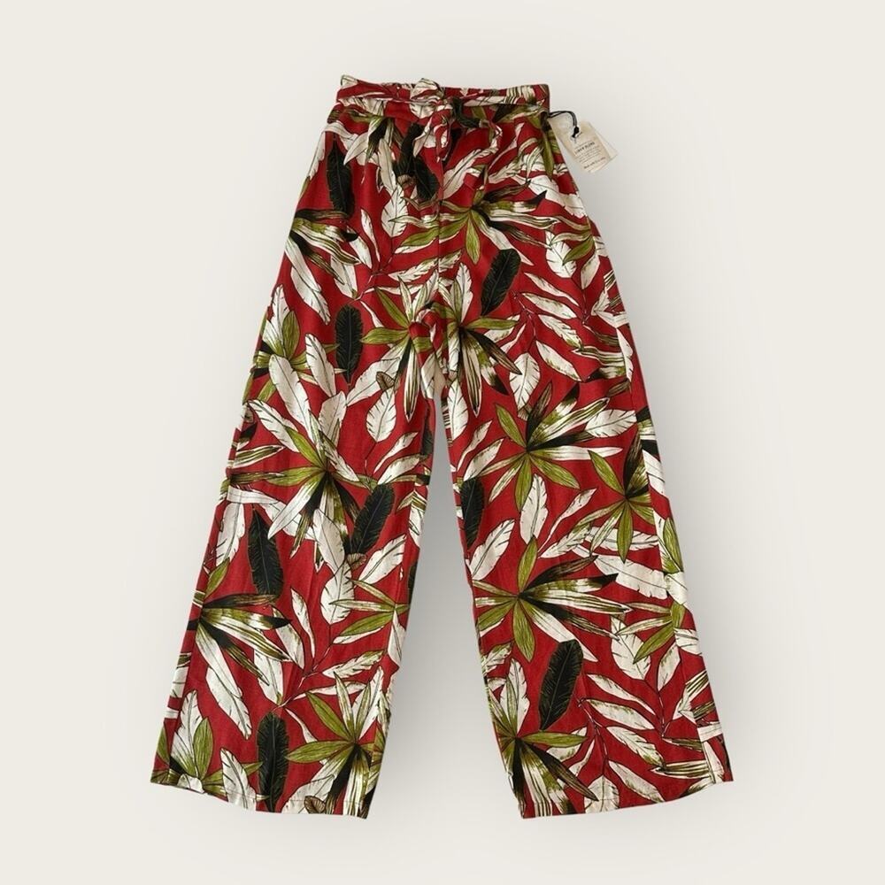 NWT | Japna | Wide Leg Belted Linen Tropical Pants | Red/Green | Size Small
